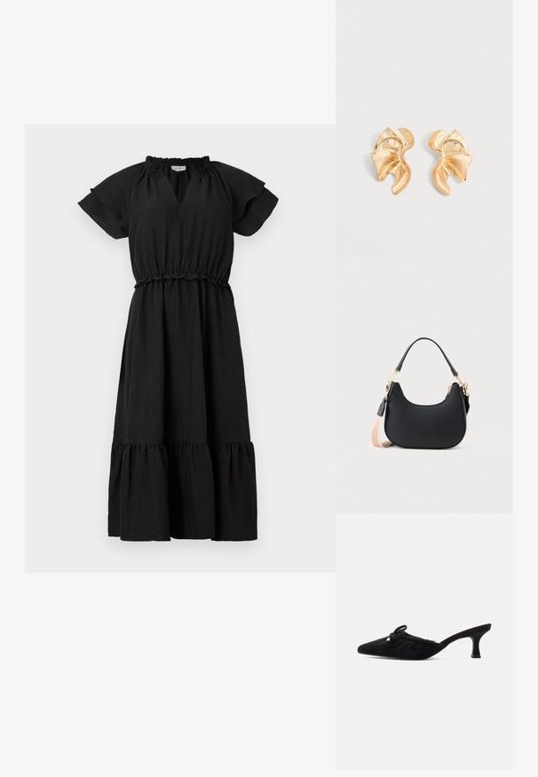 Robe noire avec des manches courtes et délicates, un décolleté en V, une taille élastique et une jupe à volants en couches. Fabriquée en tissu léger.; Mule en daim noir à bout pointu avec tige froncée, nœud décoratif et talon kitten mi-hauteur sur un fond clair uni.; Sac à main noir en forme de croissant avec une courte sangle et une sangle d'épaule beige amovible, doté de ferrures dorées et d'une fermeture éclair.; Paire de boucles d'oreilles en métal doré brillant de forme abstraite avec un design courbé et froncé sur fond gris clair.