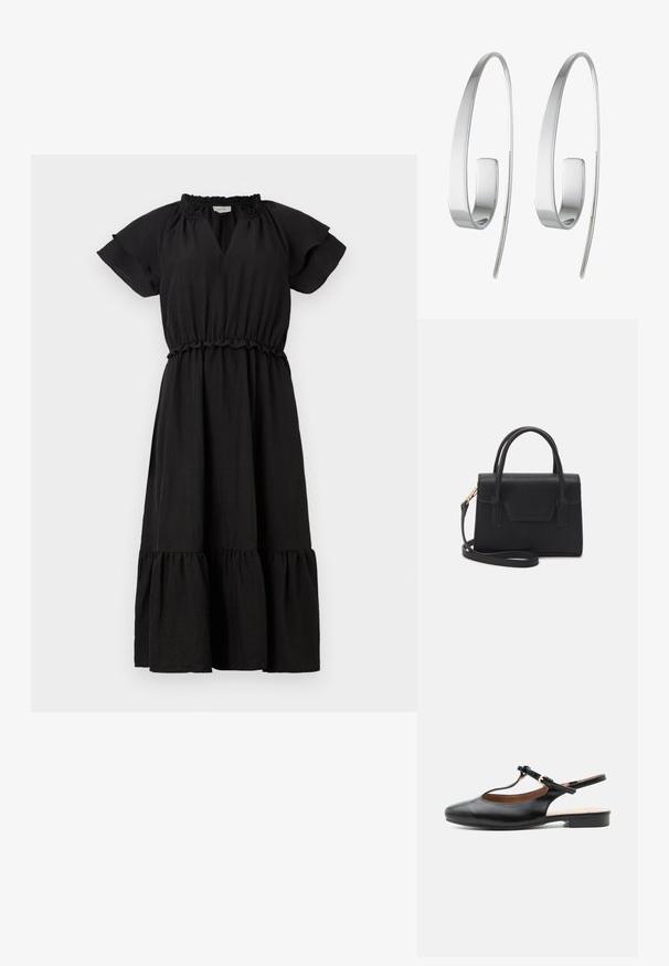 Schwarzes Kleid mit kurzen, schwingenden Ärmeln, einem V-Ausschnitt, einem elastischen Taillenbund und einem schichtartigen, gerüschten Rock. Hergestellt aus leichtem Stoff.; Schwarzer flacher Lederslingback-Schuh mit T-Riemen und goldener Schnalle auf neutralem Hintergrund.; Schwarze strukturierte Handtasche aus Leder mit einem oberen Tragegriff, abnehmbarem Schulterriemen und einer Klappe auf der Vorderseite. Akzente in Goldmetall.; Silberne Creolen mit einem schlanken, elongated Design. Aus poliertem Metall gefertigt, zeichnen sie sich durch eine glatte Textur und einen minimalistischen Stil aus.