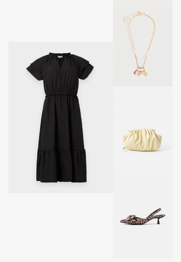 Schwarzes Kleid mit kurzen, schwingenden Ärmeln, einem V-Ausschnitt, einem elastischen Taillenbund und einem schichtartigen, gerüschten Rock. Hergestellt aus leichtem Stoff.; Pumps mit spitz zulaufender Zehenpartie und Slingback in Leopardenmuster mit einem Schleifenakzent, ausgestattet mit einem niedrigen schwarzen Absatz und glatter Textur.; Gelbe, gefaltete Handtasche aus glattem Kunstleder mit weicher Form, einzigem Schulterriemen und gerafftem Oberteil.; Doppelreihige Halskette mit einer Perlenreihe und einer goldenen Kette mit Anhängern: roter Stiefel, Vogel, Hufeisen und Herzanhänger.