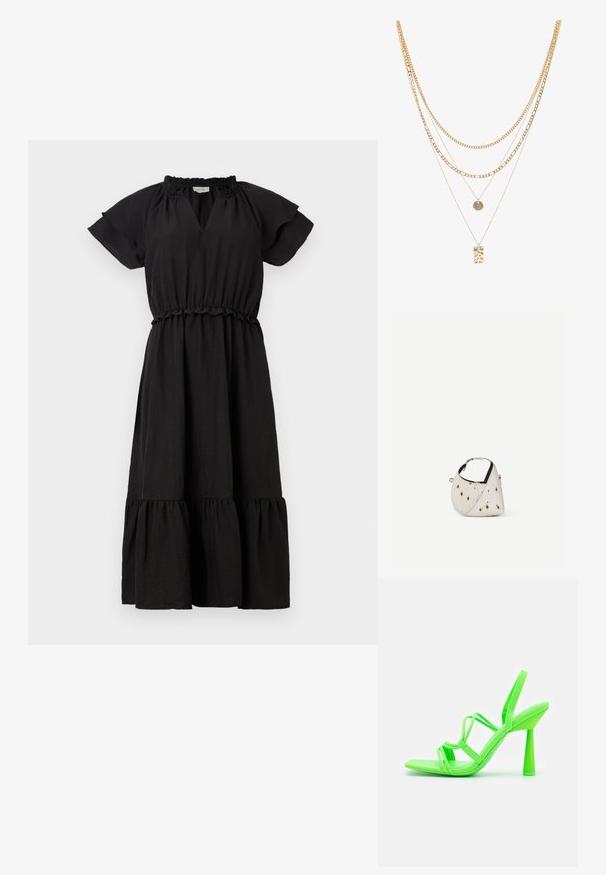Zwarte jurk met korte, fladderende mouwen, een V-hals, een elastische tailleband en een gelaagde, gerimpelde rok. Gemaakt van lichtgewicht stof.; Call it Spring Sandalen met hoge hak - bright green; Kleine witte handtas met bruine vlekken, afgeronde driehoekige vorm, zwarte binnenvoering en korte verstelbare band met zilveren gesp.; Gouden multi-laags halsketting met verschillende kettingstijlen, waaronder chunky schakels en fijne kettingen, met ronde en rechthoekige hangers.