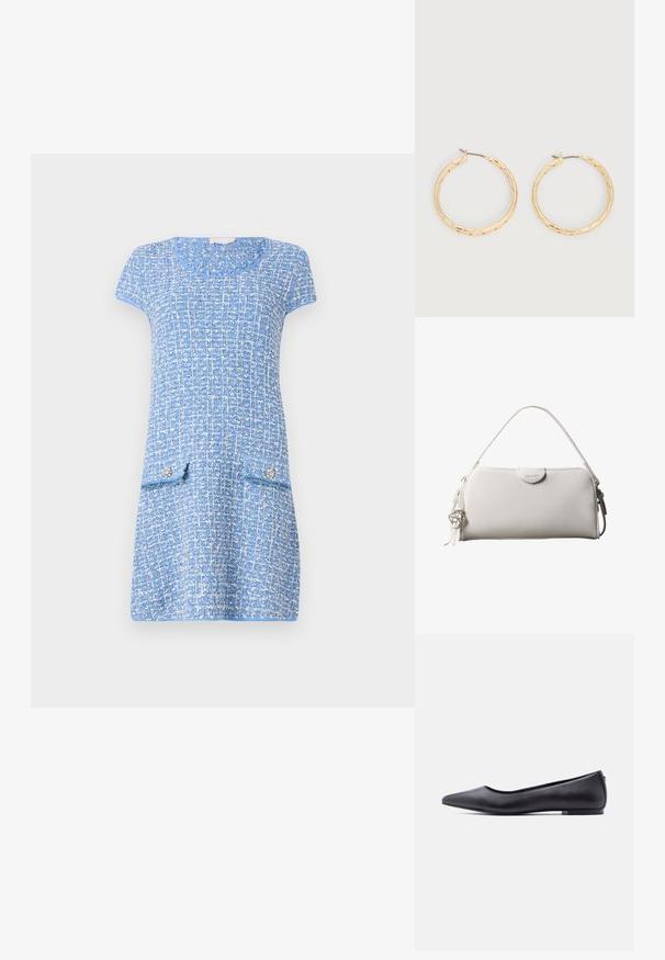 Robe bleu clair avec un motif texturé, manches courtes, col rond et deux poches avant avec des boutons décoratifs.; Chaussure plate en cuir noire à bout pointu avec petit talon, vue de profil sur fond blanc.; Sac à main rectangulaire blanc Calvin Klein avec une seule poignée, design minimaliste et pampilles décoratives avec un charm métallique géométrique sur le côté.; Paire de boucles d'oreilles créoles texturées en ton or avec tiges fines sur fond blanc.