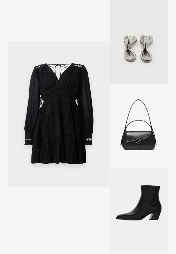 Mini vestido negro de manga larga con escote en V, ribete de encaje, tejido fruncido y cierre con lazo en la parte posterior del cuello.; Bota de tobillo de cuero negro con punta afilada, una silueta elegante y un tacón cuadrado grueso. Textura suave con detalles de costura mínimos.; Bolso de hombro de cuero negro con una solapa curva asegurada por un broche metálico redondo y una correa delgada y ajustable.; Par de pendientes de metal con acabado plateado y diseño abstracto de bucles entrelazados sobre un fondo blanco.