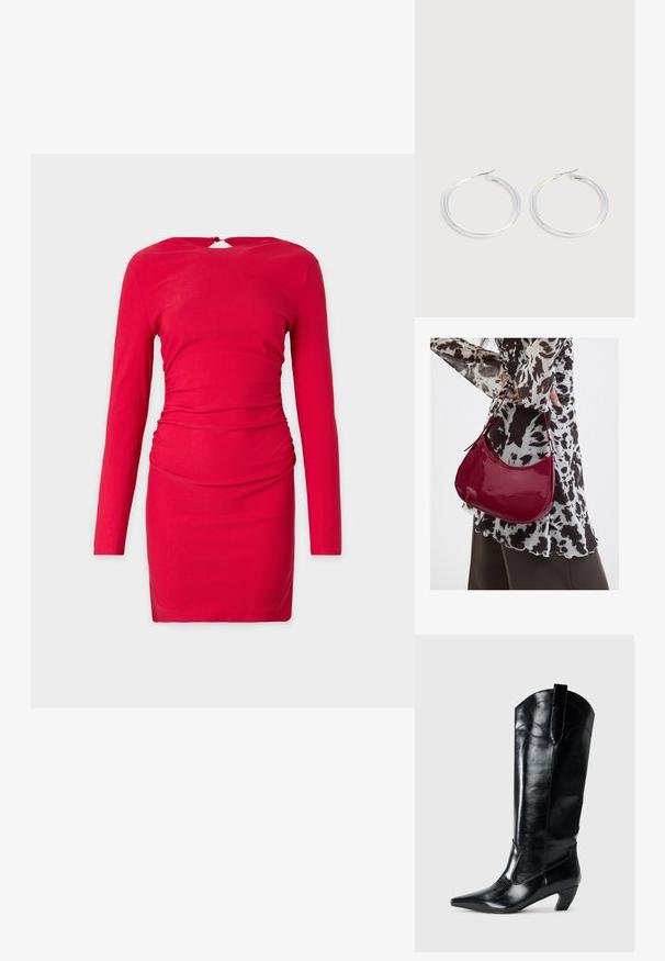 Robe longue rouge à manches longues avec une coupe cintrée, présentant des détails froncés à la taille et une ouverture en forme de clé au dos. Tissu au toucher doux.; Bottes en cuir noir montantes jusqu'au genou, avec une pointe effilée, un talon bas, et des détails de couture décoratifs sur les côtés. Fini lisse et brillant.; Femme portant un chemisier à motif noir et blanc tenant un sac à main rouge brillant sur un fond uni.; Paire de boucles d'oreilles créoles argentées brillantes avec fermoirs en fil fin, présentée sur un fond gris clair.