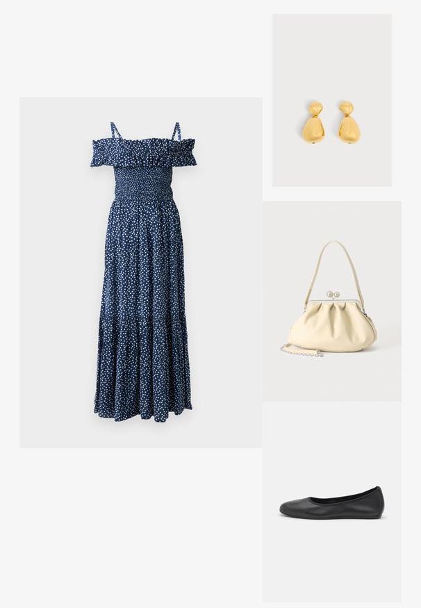 Navy blauwe maxi jurk met witte stippen, off-shoulder ruffle halslijn, gerimpelde bodice en een gelaagd rok ontwerp.; Zwarte leren ballerina met een ronde neus, gladde textuur, minimale stikdetails en een flexibele zoolontwerp.; Crèmekleurige zachte leren handtas met geplooid ontwerp, zilveren frame sluiting, korte handgreep en een afneembare kettingriem.; Paar glanzende gouden druppelvormige oorbellen met een kleiner afgerond bovenstuk verbonden met een groter peer-vormig onderstuk.