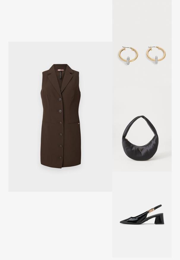 Brun ærmeløs vest med en tætsiddende design, skrå krave og seks knaplukninger. Har to forreste lommer og en glat tekstur.; Sorte patentlæder slingback pumps med spidse tæer og guldfarvet hardware på remmen, med en blokhælhøjder. Glat tekstur.; Sort satin håndtaske med en buet form, der har en lynlåslukning og et trekantet logo i metal på forsiden. Glat tekstur og slankt design.; Par guldtonede hoop øreringe med lille sølvfarvet loop-detalje på hver, vist mod lysegrå baggrund.