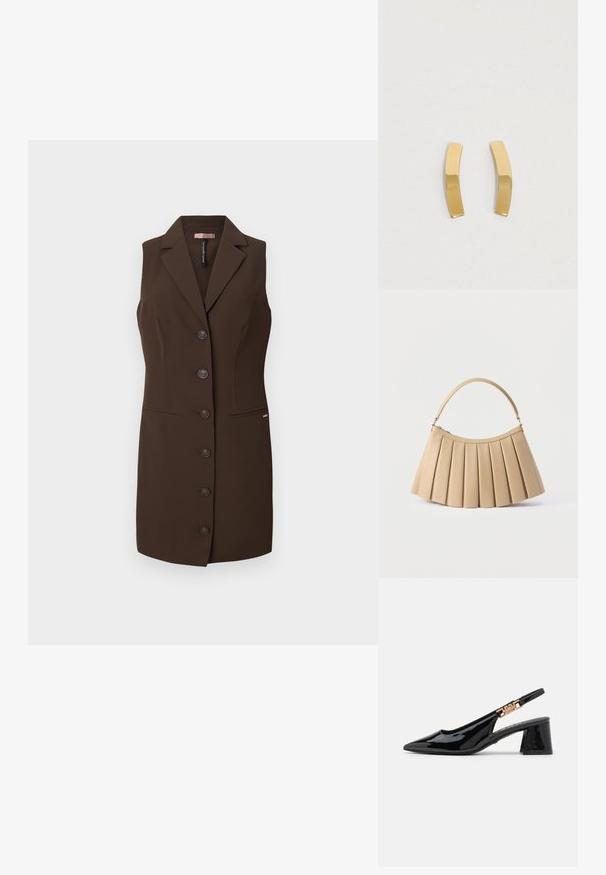 Brauner ärmelloser Weste mit tailliertem Schnitt, Reverskragen und sechs Knopfverschlüssen. Verfügt über zwei Fronttaschen und eine glatte Textur.; Schwarze Lackleder Slingback-Pumps mit einer spitzen Zehe und goldfarbener Hardware am Riemen, ausgestattet mit einem Blockabsatz. Glatte Textur.; Beige plissierte Handtasche mit gebogenem Reißverschluss oben und einem einzelnen gebogenen Griff, dargestellt auf weißem Hintergrund.; Ohrringe aus goldfarbenem Metall mit einem geschwungenen, elongated Design. Die Oberfläche ist glatt und poliert und zeigt einen minimalistischen Stil.