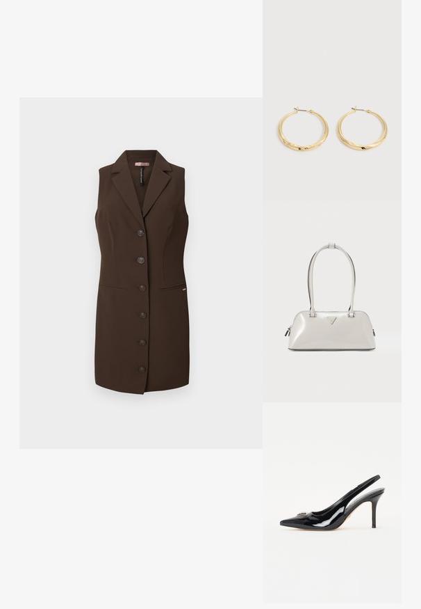 Brauner ärmelloser Weste mit tailliertem Schnitt, Reverskragen und sechs Knopfverschlüssen. Verfügt über zwei Fronttaschen und eine glatte Textur.; Schwarze Lackleder-Slingback-Pumps mit spitzer Zehenpartie, schlankem Stiletto-Absatz und dekorativer Verzierung auf dem Vorderblatt.; Glänzende hellgraue Handtasche mit abgerundeter Form, doppelten Griffen und einem dreieckigen Logo. Verfügt über einen Reißverschluss und metallische Akzente.; Paar polierte goldene Creolen mit dünnen Stegen und Klappverschlüssen, auf einem schlichten hellgrauen Hintergrund präsentiert.