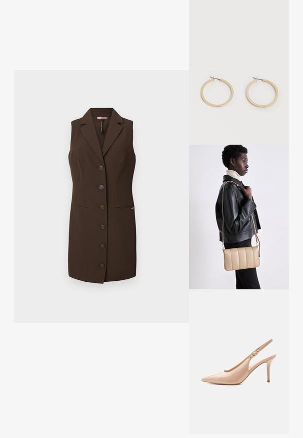 Bruine mouwloze vest met een getailleerd ontwerp, uitgesneden revers en zes knoopsluitingen. Bevat twee voorzakken en heeft een zachte textuur.; Beige lakleren slingback pumps met hoge hak, puntige neus en een klein gouden gespdetail op het bandje.; Beige leren crossbody tas met een gequilt ontwerp, rechthoekige vorm, dunne schouderband en zilverkleurige hardware, gedragen door een persoon in een zwarte jas.; Een paar gladde goudkleurige middelgrote creooloorbellen met scharniersluitingen op een effen lichte achtergrond.