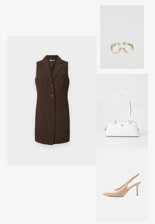 Bruine mouwloze vest met een getailleerd ontwerp, uitgesneden revers en zes knoopsluitingen. Bevat twee voorzakken en heeft een zachte textuur.; Beige lakleren slingback pumps met hoge hak, puntige neus en een klein gouden gespdetail op het bandje.; Witte leren handtas met een gebogen vorm, voorzien van een zilveren driehoekig logo en ritssluiting. Gladde textuur en dubbele handvaten.; Gouden metalen ringoorbellen met een gladde, glanzende afwerking en een gedeeltelijk ronde vorm. Bevestigd met silver-kleurige steunen en sluitingen.