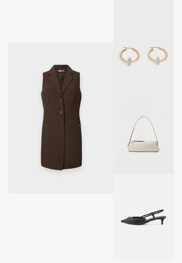 Bruine mouwloze vest met een getailleerd ontwerp, uitgesneden revers en zes knoopsluitingen. Bevat twee voorzakken en heeft een zachte textuur.; Zwarte slingback schoenen met een puntige neus, gemaakt van glad materiaal, met een kleine hak en een decoratieve zilverkleurige accent op de wreef.; Kleine beige leren schoudertas met dunne band en ritssluiting, voorzien van een discreet metalen logo aan de voorzijde in het midden.; Paar goudkleurige creolen met kleine zilverkleurige lusdetail op elk, weergegeven tegen een lichtgrijze achtergrond.