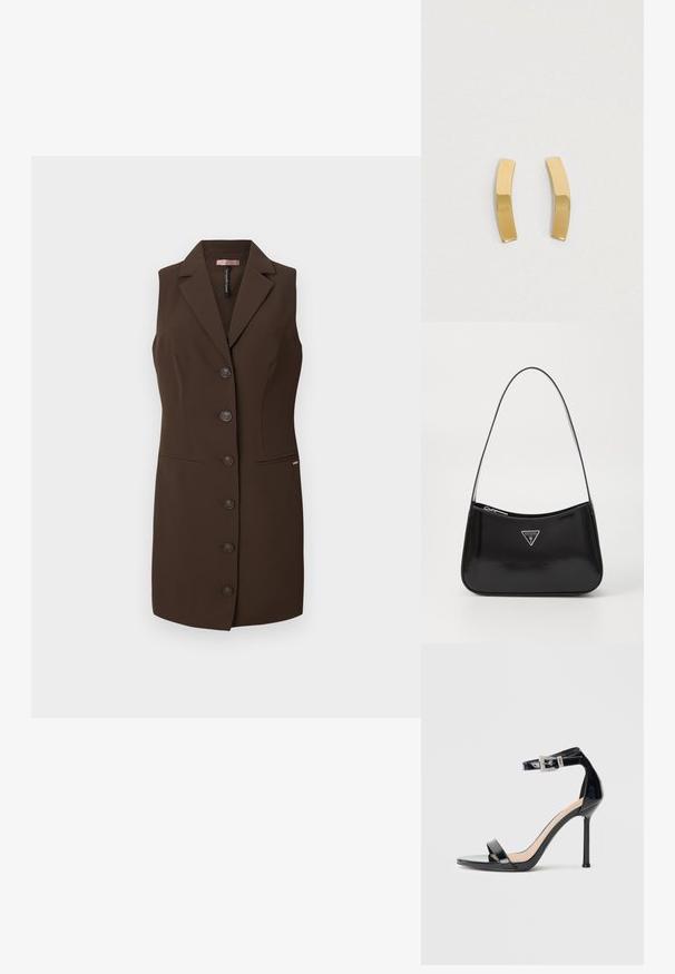 Chaleco sin mangas marrón con un diseño ajustado, solapa de muesca y seis botones. Cuenta con dos bolsillos frontales y una textura suave.; Sandalia de tacón alto en piel sintética negra con correa en el tobillo. Presenta un diseño minimalista, punta abierta y una hebilla con detalles de pedrería.; Bolso de hombro de charol negro con forma curva, que presenta un logotipo triangular plateado y un cierre de cremallera. Textura suave y correa delgada.; Pendientes de metal en tono dorado con un diseño curvado y alargado. La superficie es lisa y pulida, presentando un estilo minimalista.