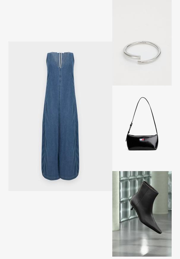 Robe sans manches en denim avec un profond décolleté en V, longueur totale et fronces sur les côtés. Finitions soignées avec des bords nets et une patte de boutonnage centrale.; Bottine en cuir noir avec bout pointu et petit talon, présentée devant un mur en blocs de verre et un sol poli.; Sac à épaule en cuir verni noir avec une bandoulière incurvée, fermeture éclair et un patch rectangulaire avec un logo en rouge, blanc et bleu.; Calvin Klein SPIRAL - Bracelet - silver-coloured