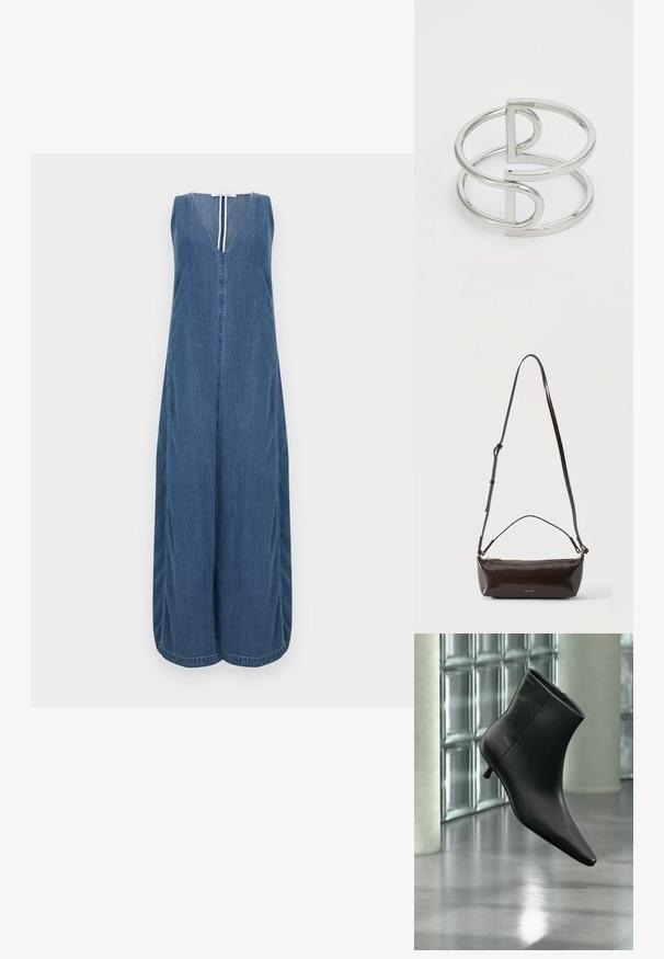 Robe sans manches en denim avec un profond décolleté en V, longueur totale et fronces sur les côtés. Finitions soignées avec des bords nets et une patte de boutonnage centrale.; Bottine en cuir noir à bout pointu et petit talon kitten, présentée en angle devant un sol poli et un mur en blocs de verre.; Petit sac à bandoulière en cuir marron foncé brillant avec bandoulière réglable, poignée supérieure et fermeture éclair dorée.; Bracelet en métal argenté avec un design à double boucle, fini lisse et brillant, et un accent géométrique minimaliste.