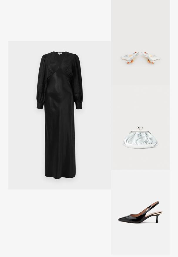 Sort satin maxi-kjole med lange pufærmer og en dyb V-hals med samlede frontdetaljer, der fremviser en glat tekstur og en elegant silhuet.; Sort laklæder slingback pumpe med spids tå og lav kitten hæl på en ens hvid baggrund.; Lille sølvfarvet metallisk clutch-pung med rundet, rynket design og lukning med to sølvkugler.; Keramiske andeformede ørestikker med hvide kroppe, orange næb og guldfarvet metal, med hævede vinger og detaljerede teksturer.