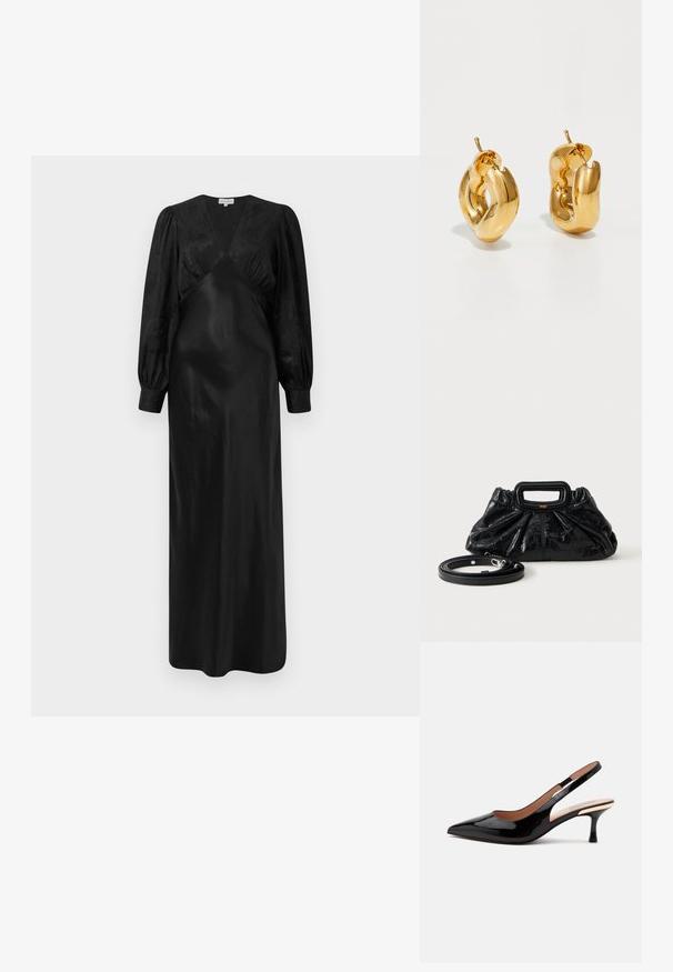 Schwarzes Satin-Maxi-Kleid mit langen Puffärmeln und einem tiefen V-Ausschnitt sowie gerafften Vorderdetails, das eine glatte Textur und eine elegante Silhouette präsentiert.; Schwarzer Lackleder Slingback-Pumps mit spitz zulaufender Kappe und niedrigem Katzenabsatz auf weißem Hintergrund.; Kleine schwarze Lederhandtasche mit geraffter Textur, rechteckigem Griff und abnehmbarem dünnen Schulterriemen, der daneben liegt.; Fette goldene Creolen mit einem leicht verdrehten, röhrenförmigen Design und Steckverschlüssen auf einem weißen Hintergrund.