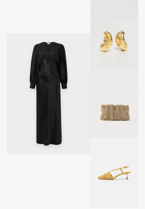 Schwarzes Satin-Maxi-Kleid mit langen Puffärmeln und einem tiefen V-Ausschnitt sowie gerafften Vorderdetails, das eine glatte Textur und eine elegante Silhouette präsentiert.; Studio Amelia NEXUS - Pumps - gold; Kleine goldene Mesh-Clutch mit gerafftem Design und teilweise sichtbarem goldenen Kettengurt auf einfachem weißem Hintergrund.; Goldene Creolen mit einer glatten, geschwungenen Form und polierter Oberfläche. Mit einem Verschlussmechanismus und leichten Einkerbungen für Details.