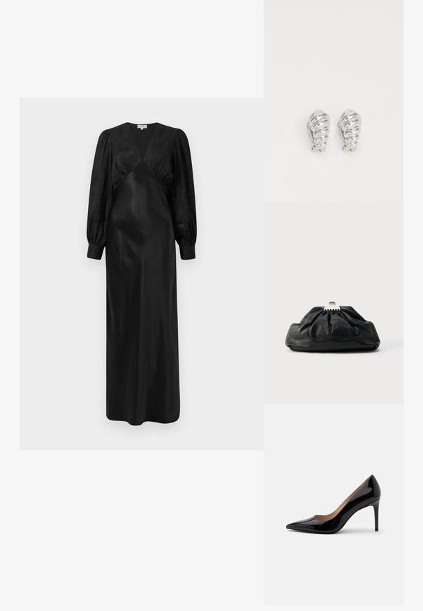Schwarzes Satin-Maxi-Kleid mit langen Puffärmeln und einem tiefen V-Ausschnitt sowie gerafften Vorderdetails, das eine glatte Textur und eine elegante Silhouette präsentiert.; Schwarzer Lackleder-Pumps mit hohem Absatz, spitzer Schuhspitze und Stilettabsatz, seitlich auf einem schlichten weißen Hintergrund dargestellt.; Schwarze Leder-Clutch mit geraffter Textur, Metallverschluss und dezentem, auf der Vorderseite geprägtem Logo. Abgerundete Form.; Silberne Clip-On-Ohringe mit spiralförmigem Design, das eine glatte metallische Textur und abgerundete Formen aufweist. Keine sichtbaren Verzierungen oder Muster.