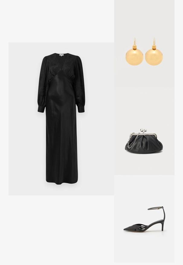 Sort satin maxi-kjole med lange pufærmer og en dyb V-hals med samlede frontdetaljer, der fremviser en glat tekstur og en elegant silhuet.; Sort læder højhælet sko med spids tå, åbne sider og en tynd ankelrem med en lille guld detalje.; Sort læder clutch med samlet tekstur, sølvfarvet metalramme, kys-lås lukning og kædestrop. Glat, blød overflade.; Par af skinnende gyldne julekugleøreringe med krog-lukninger på en ensfarvet hvid baggrund.