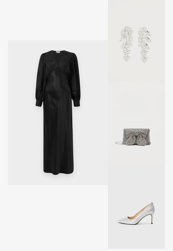 Sort satin maxi-kjole med lange pufærmer og en dyb V-hals med samlede frontdetaljer, der fremviser en glat tekstur og en elegant silhuet.; Sølvglitrende højhælede pumps med spids tå og glat inderside. Hælen er tynd og fremhæver det slanke design.; Glitrende grå håndtaske med en tekstureret overflade, der har en stor sløjfe-accent på forsiden og en kædrem. Kompakt rektangulær form.; Par sølvfarvede øreringe med klyngede klare facetterede krystaller i runde og marquise former på hvid baggrund.