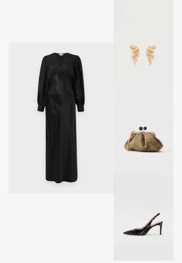 Schwarzes Satin-Maxi-Kleid mit langen Puffärmeln und einem tiefen V-Ausschnitt sowie gerafften Vorderdetails, das eine glatte Textur und eine elegante Silhouette präsentiert.; Schwarz lackierte Slingback-Pumps mit spitzem Zehenbereich, schlankem Absatz und einem subtilen Ausschnittdesign. Verfügt über eine goldene Schnalle am Riemen.; Kleine Clutch mit goldenem und schwarzem geometrischem Muster, goldfarbenem Metallrahmen, schwarzem Kugelverschluss und kurzem goldfarbenem Kettenriemen.; Ohrstecker in Schlangenform mit goldfarbenem Ton, verziert mit kleinen klaren Kristallen auf einem einfarbigen hellen Hintergrund.