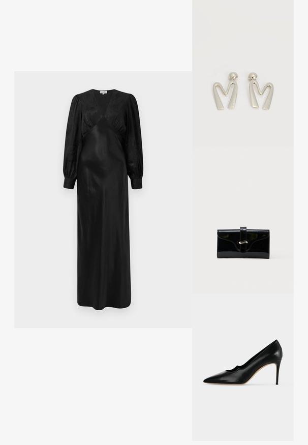 Sort satin maxi-kjole med lange pufærmer og en dyb V-hals med samlede frontdetaljer, der fremviser en glat tekstur og en elegant silhuet.; Sort læder stiletto pumps med spids tå, bølget kant og beige sål mod en ensfarvet lys baggrund.; Sort blank rektangulær pung med forreste rem og sølvfarvet metalspænde, sat mod en ensfarvet hvid baggrund.; Par sølvtonede metaleøreringe formet som den kantede bogstav M med runde fester på en hvid baggrund.