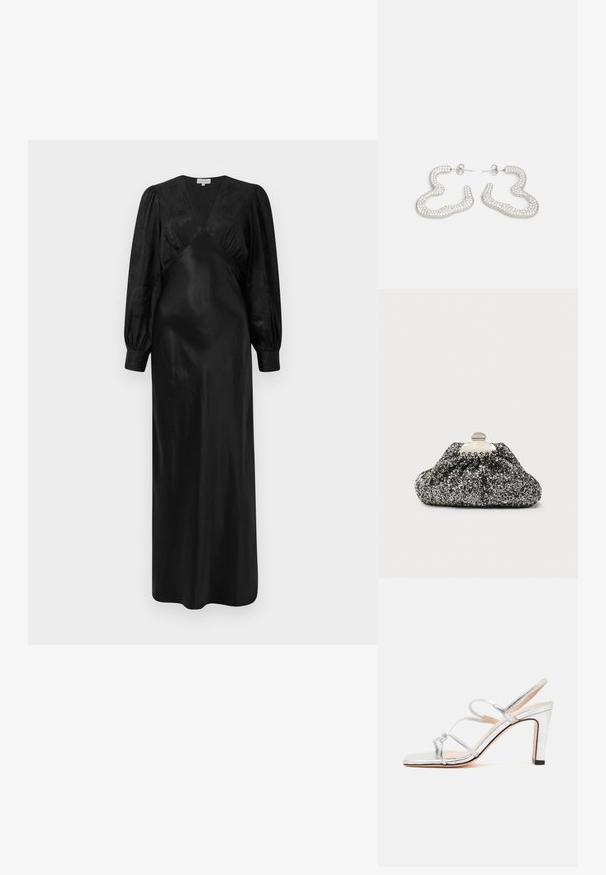 Sort satin maxi-kjole med lange pufærmer og en dyb V-hals med samlede frontdetaljer, der fremviser en glat tekstur og en elegant silhuet.; Sølv højhælet sandal med tre tynde remme og åben tå, vist fra siden på en ensfarvet hvid baggrund.; Sort og sølvglitrende clutch med et samlet design. Metallås med en glat, rund form og tekstureret overflade.; Sølvfarvede øreringe med et bølget, abstrakt design prydet med små, funklende krystaller. Sikret med en studs baglukning.