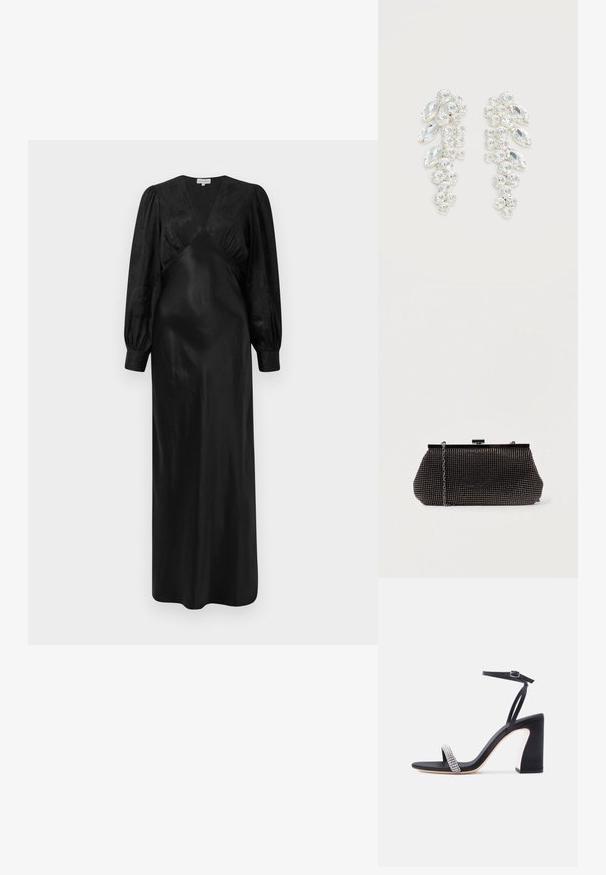 Zwarte satijnen maxi-jurk met lange pofmouwen en een diepe V-hals met geplooide voorkant, die een gladde textuur en een elegante silhouet benadrukt.; Zwarte sandaal met hoge hak, enkelbandje en een glinsterend rhinestone bandje over de tenen, op een witte achtergrond.; Zwarte mesh clutchbag met een gestructureerde silhouette, versierd met kleine metalen studs, heeft een sluiting met een klapmechanisme en een afneembare kettingriem.; Paar zilverkleurige oorbellen met gegroepeerde heldere facetten kristallen in ronde en marquise vormen op witte achtergrond.