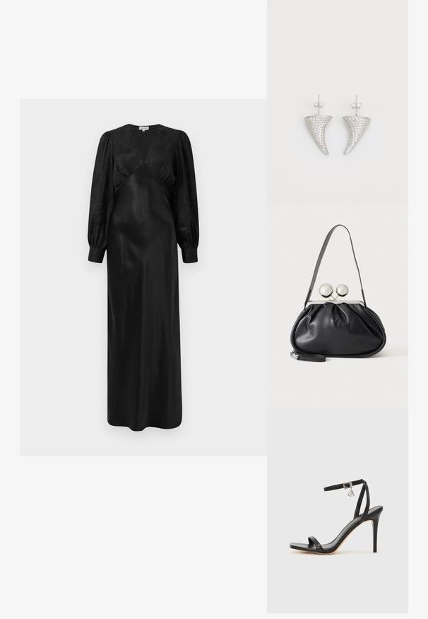 Schwarzes Satin-Maxi-Kleid mit langen Puffärmeln und einem tiefen V-Ausschnitt sowie gerafften Vorderdetails, das eine glatte Textur und eine elegante Silhouette präsentiert.; Schwarze High-Heel-Sandale mit schmalem Knöchelriemen, quadratischer Zehenbox, glattem Leder und metallischem Schnallenakzent.; Schwarze Ledertasche mit gerafftem Design, einem einzelnen Riemen, silbernem Metallrahmen und zwei großen runden silbernen Verschlüssen.; Silberne, hornförmige Ohrringe, besetzt mit kleinen klaren Steinen, mit einem Steckverschluss zur Befestigung. Glatte Textur und metallisches Finish.