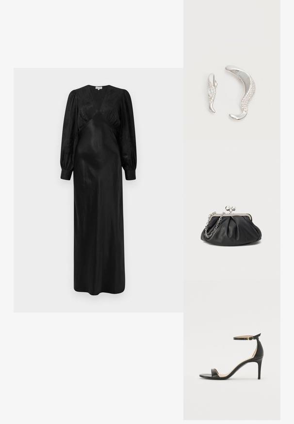 Schwarzes Satin-Maxi-Kleid mit langen Puffärmeln und einem tiefen V-Ausschnitt sowie gerafften Vorderdetails, das eine glatte Textur und eine elegante Silhouette präsentiert.; Schwarze Leder-high-heeled Sandale mit Knöchelriemen. Verfügt über eine glatte Textur, offene Zehen und einen dünnen Absatz. Goldfarbener Schnallenakzent.; Schwarze Leder-Clutch mit geraffter Textur, silberfarbener Metallrahmen, Druckverschluss und Kettenriemen. Glatte, weiche Oberfläche.; Zwei gebogene silberne Ohrringe, einer größer als der andere, beide mit kleinen funkelnden Kristallen entlang einer Kante verziert.
