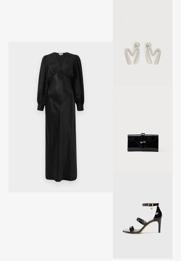 Schwarzes Satin-Maxi-Kleid mit langen Puffärmeln und einem tiefen V-Ausschnitt sowie gerafften Vorderdetails, das eine glatte Textur und eine elegante Silhouette präsentiert.; Schwarze Lackleder-Sandale mit drei Riemen, Knöchelriemen und 10 cm hohen Stiletto-Absatz. Verfügt über goldfarbene Hardware-Details und ein Logo-Charm.; Schwarze glänzende rechteckige Brieftasche mit einem vorderen Riemen und silberner Metallverschluss, vor einem schlichten weißen Hintergrund.; Paar silberfarbene Metallohrringe in Form des kantigen Buchstabens M mit abgerundeten Stegen auf weißem Hintergrund.
