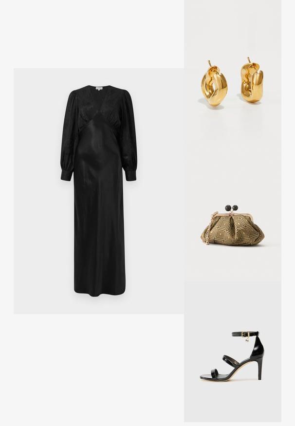 El vestido maxi de satén negro presenta largas mangas abullonadas y un escote en V profundo con detalles fruncidos en la parte frontal, mostrando una textura suave y una silueta elegante.; Sandalia de charol negro con tres correas, hebilla en el tobillo y tacón de aguja de 10 cm. Presenta detalles de hardware en oro y un charm con el logo.; Pequeño bolso de mano con patrón geométrico en dorado y negro, marco metálico dorado, cierre de bola negro y una corta correa de cadena dorada.; Pendientes de aro grueso en oro con un diseño tubular ligeramente retorcido y cierre de presión, sobre un fondo blanco.