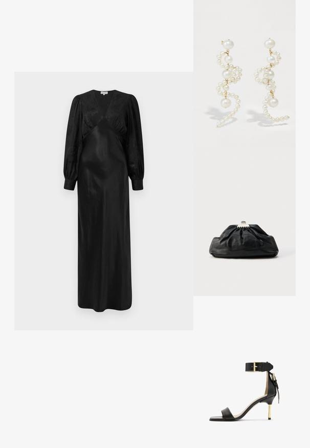 Sort satin maxi-kjole med lange pufærmer og en dyb V-hals med samlede frontdetaljer, der fremviser en glat tekstur og en elegant silhuet.; Sort læder hæl sandal med firkantet tå, ankelrem med en guldbuckle og en slank metallisk hæl. Glat tekstur, minimalistisk design.; Sort læderclutch med en samlet tekstur, metal lukning og diskret præget logo på forsiden. Rundet form.; Hvide perleøreringe med et snoet design, der har varierende størrelser af perler og guld accenter. Glat overflade og elegant form.
