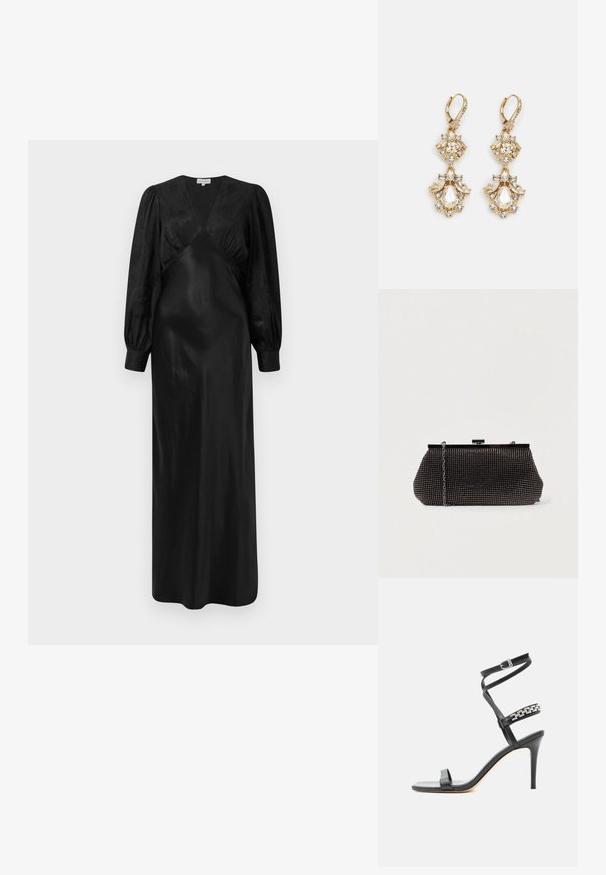 Schwarzes Satin-Maxi-Kleid mit langen Puffärmeln und einem tiefen V-Ausschnitt sowie gerafften Vorderdetails, das eine glatte Textur und eine elegante Silhouette präsentiert.; Schwarze Sandalette mit hohem Absatz, schlankem Knöchelriemen, Mittelriemen verziert mit silbernen Kettengliedern und offenem Zehendesign.; Schwarze Mesh-Clutch mit strukturierter Silhouette, verziert mit kleinen metallic-nieten, besitzt einen Verschluss mit Klappe und einen abnehmbaren Kettenriemen.; Ohrringe mit Gold-Finish im Design eines Clusters, das runde und tropfenförmige klare Kristalle zeigt und aufwendige Details präsentiert.