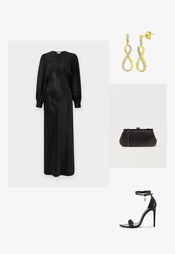 Schwarzes Satin-Maxi-Kleid mit langen Puffärmeln und einem tiefen V-Ausschnitt sowie gerafften Vorderdetails, das eine glatte Textur und eine elegante Silhouette präsentiert.; Schwarze High-Heel-Sandale mit glattem Lederfinish, offener Zehenpartie, Knöchelriemen mit goldener Schnalle und einem dekorativen Charme.; Schwarze Mesh-Clutch mit strukturierter Silhouette, verziert mit kleinen metallic-nieten, besitzt einen Verschluss mit Klappe und einen abnehmbaren Kettenriemen.; Goldfarbene Ohrringe in Form eines stilisierten Unendlichkeitssymbols, verziert mit klaren, runden, geschliffenen Kristallen entlang der Kanten. Mit Steckverschluss.