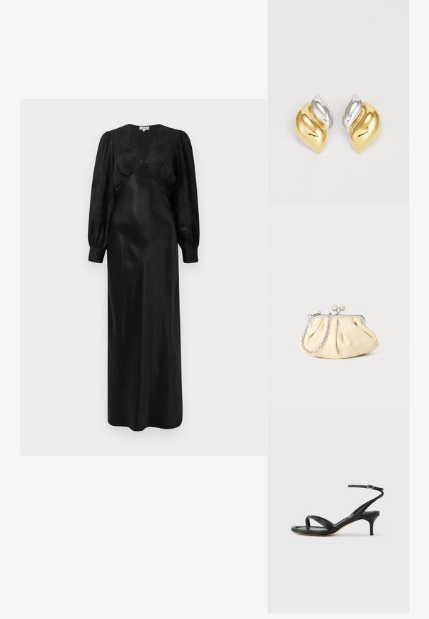 Schwarzes Satin-Maxi-Kleid mit langen Puffärmeln und einem tiefen V-Ausschnitt sowie gerafften Vorderdetails, das eine glatte Textur und eine elegante Silhouette präsentiert.; Schwarze Ledersandale für Damen mit dünnen Riemchen, einer Zehenlasche, einer Knöchelschnalle und einem mittelhohen Stöckelabsatz vor neutralem Hintergrund.; Faltige beigefarbene Ledertasche mit einem silbernen Metallrahmen, ausgestattet mit zwei runden dekorativen Verschlüssen und einem silbernen Kettenriemen.; Gold- und Silberohrringe mit einer runden, geschwungenen Form, die ein wellenförmiges Design und eine polierte Textur aufweisen.