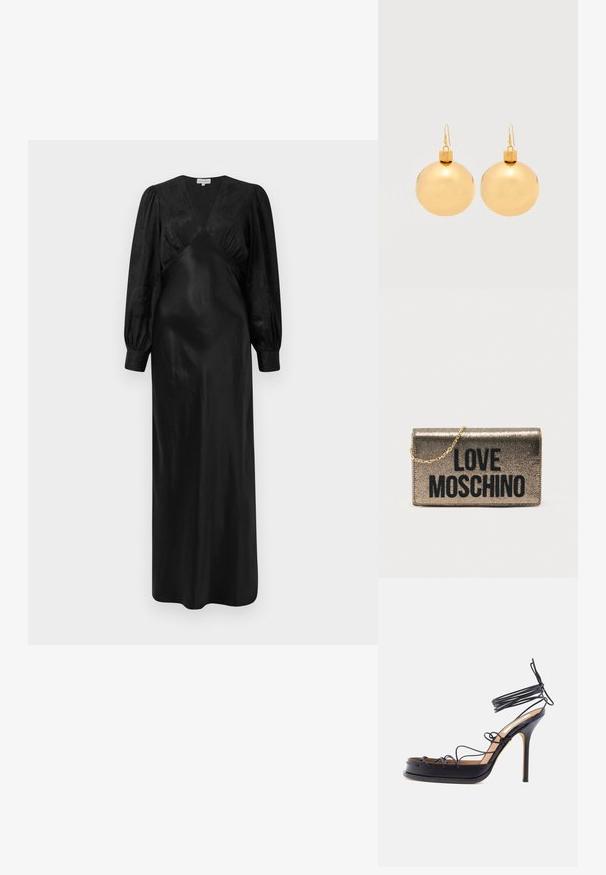 Schwarzes Satin-Maxi-Kleid mit langen Puffärmeln und einem tiefen V-Ausschnitt sowie gerafften Vorderdetails, das eine glatte Textur und eine elegante Silhouette präsentiert.; Schwarze Sandalette mit hohen Absätzen und dünnen Lederriemchen, die sich um den Fuß und das Sprunggelenk wickeln, mit spitz zulaufendem Stiletto-Absatz.; Metallische goldfarbene Clutch-Tasche mit Kettenriemen. Auf der Vorderseite ist der fett gedruckte schwarze Schriftzug "LOVE MOSCHINO" zu sehen. Glatte Textur, rechteckige Form.; Paar glänzende goldene Weihnachtskugel-Ohrringe mit Hakenverschlüssen auf einfachem weißem Hintergrund.