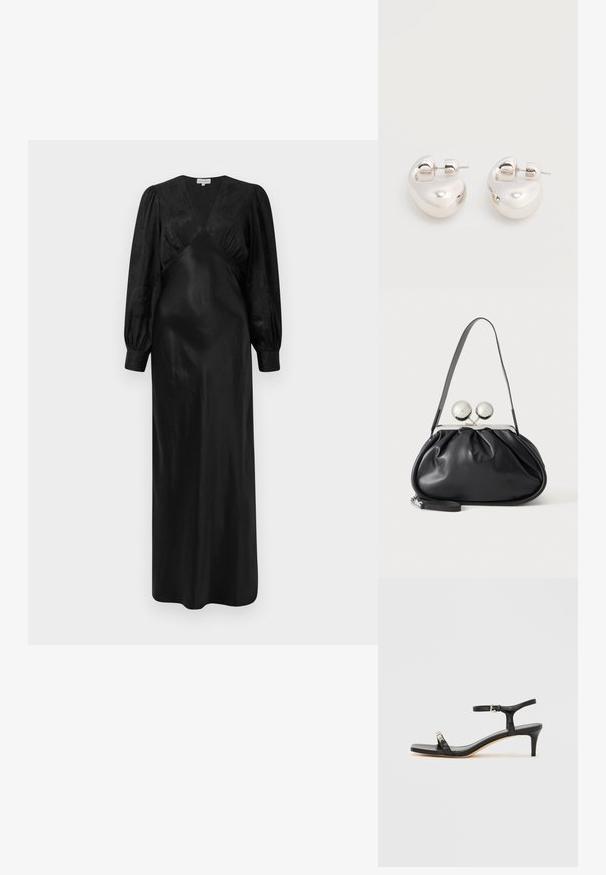 Sort satin maxi-kjole med lange pufærmer og en dyb V-hals med samlede frontdetaljer, der fremviser en glat tekstur og en elegant silhuet.; Sort læder sandal med hæl og ankelrem, åben tå, firkantet front og sølvfarvede metalaccenter. Figurformet design med en slank profil.; Sort læderhåndtaske med opsamlet design, en enkelt rem, sølv metalramme og to store runde sølv lukninger.; Par af skinnende sølv store øreringe med lukning på bagsiden mod en ensfarvet hvid baggrund.