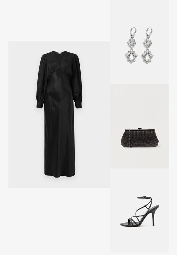 Zwarte satijnen maxi-jurk met lange pofmouwen en een diepe V-hals met geplooide voorkant, die een gladde textuur en een elegante silhouet benadrukt.; Zwarte hoge hakken sandaal met dunne banden, een enkelgesp, een gladleren oppervlak en een slanke stilettohak.; Zwarte mesh clutchbag met een gestructureerde silhouette, versierd met kleine metalen studs, heeft een sluiting met een klapmechanisme en een afneembare kettingriem.; Zilverkleurige oorbellen met meerdere heldere kristalgesteenten in druppel- en marquisevormen, met sluitingen met een leversysteem en ingewikkelde details.