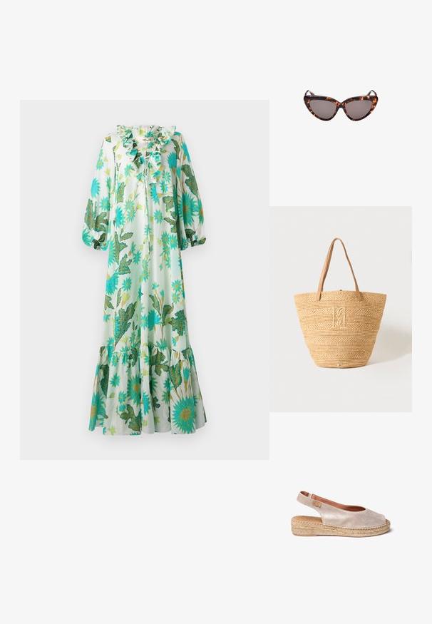 Lang, lys kjole med en volangkrave, der har et blomster- og bladprint i grøn og blå på en lys baggrund. Udsvingede ærmer og kant.; Metalliske guld slingback espadriller med åben tå, jute-vævet midtersål og glat læderforing. Har en mærketab på hælen.; Skildpadde-sunglasses i katteøje-stil med mørke linser og en tykk plastikramme. Distinktiv vinkelret form og slankt design.; Beige vævet stråtaske med to lysebrune læderhåndtag og et diskret broderet monogram i midten foran.