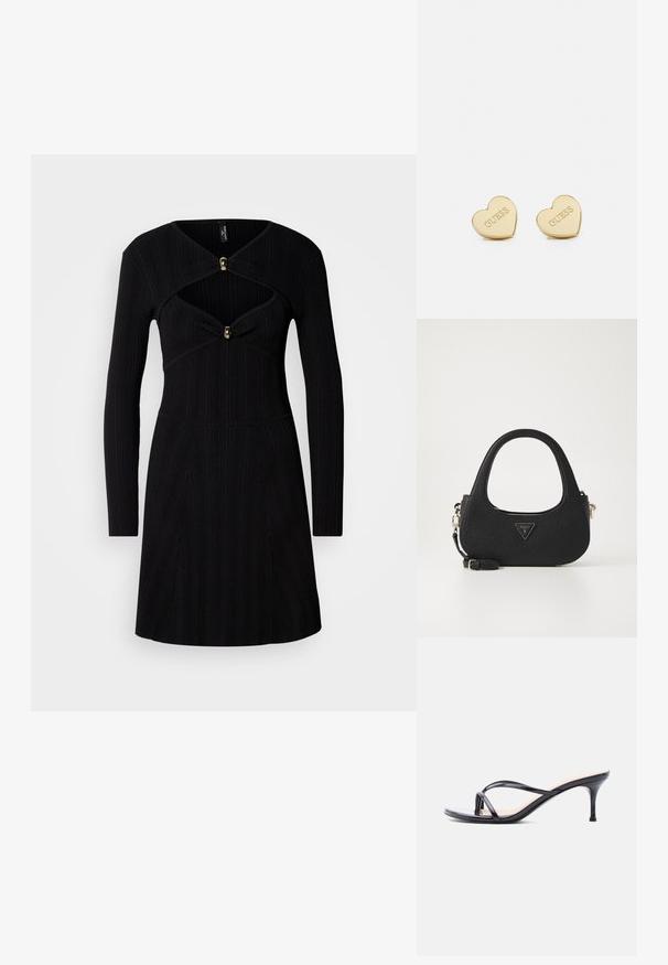 Vestido negro de canalé con mangas largas, que presenta un corpiño ajustado, escote en forma de V y botones de acento dorado en el pecho.; Sandalia de tacón de charol negro con tiras finas cruzadas y un tacón de aguja delgado de altura media, sobre un fondo blanco.; Bolso de tela negro con un asa curvada, que presenta un logotipo triangular y una correa desmontable. Superficie texturizada y diseño minimalista.; Pendientes en forma de corazón dorados con un acabado pulido, logo "GUESS" en relieve y textura suave. Diseño simple, adecuado para diversas ocasiones.