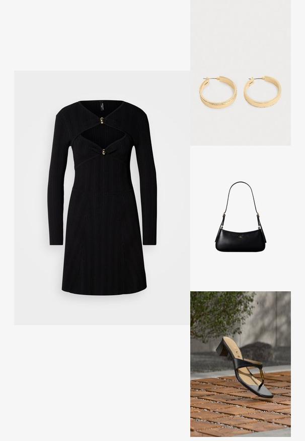 Vestido negro de canalé con mangas largas, que presenta un corpiño ajustado, escote en forma de V y botones de acento dorado en el pecho.; Sandalia negra de tacón con lazo para el dedo y acento dorado, colocada sobre una superficie pavimentada de madera y piedra al aire libre cerca de vegetación.; Mini bolso negro de cuero para hombro con correa delgada y pequeño logo dorado CK en el centro frontal.; Un par de pendientes de aro en tono dorado con una fila de pequeños cristales a lo largo del borde exterior, presentado sobre un fondo claro y liso.
