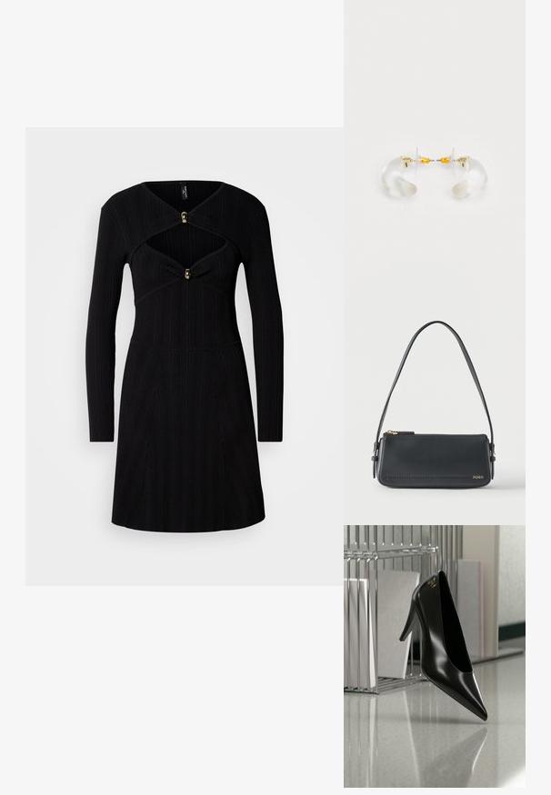 Vestido negro de canalé con mangas largas, que presenta un corpiño ajustado, escote en forma de V y botones de acento dorado en el pecho.; Zapato de tacón alto negro con punta afilada y logo dorado, colocado sobre una superficie reflectante cerca de un organizador de archivos de alambre cromado con documentos.; Bolso de hombro rectangular de cuero negro con cremallera dorada y pequeño logo dorado "HUGO" en el frente, con una correa ajustable con hebilla.; Pendientes de aro de acrílico transparente con acentos dorados, que presentan un diseño curvado y un cierre transparente. Textura suave, estilo minimalista.