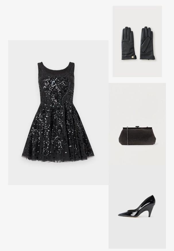 Robe de cocktail noire sans manches avec une jupe évasée, décorée de sequins noirs et argentés élaborés en motifs floraux.; Chaussure à talon haut en cuir verni noir avec un bout pointu et un talon courbé, présentant une surface lisse et réfléchissante.; Pochette noire en mesh avec une silhouette structurée, ornée de petits clous métalliques, dotée d'une fermeture à clip et d'une bandoulière en chaîne détachable.; Paire de gants en cuir noir avec détails de couture et petit bouton doré au poignet, présentée sur un fond clair uni.