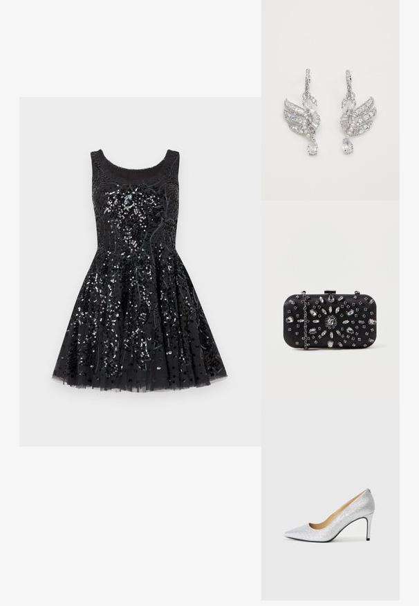 Robe de cocktail noire sans manches avec une jupe évasée, décorée de sequins noirs et argentés élaborés en motifs floraux.; Pompe à talons aiguilles en argent pailleté avec un bout pointu et une doublure intérieure lisse. Le talon est fin, soulignant le design élégant.; Pochette noire de forme rectangulaire, ornée de divers strass disposés en motifs floraux, dotée d'une chaîne en argent pour le transport.; Boucles d'oreilles en argent en forme de cygnes, ornées de cristaux transparents, d'accents en perles et d'un design pendant avec une gemme en forme de goutte.
