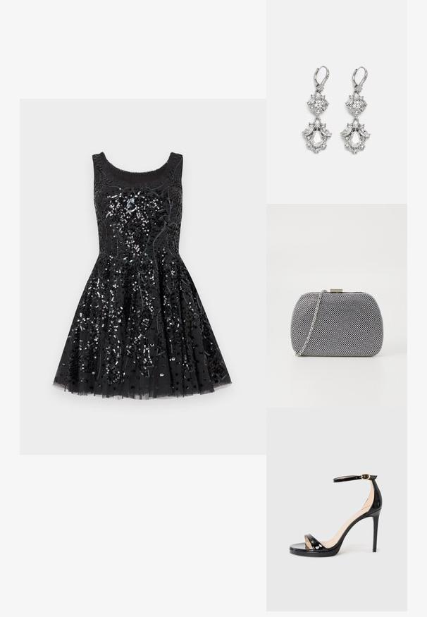 Robe de cocktail noire sans manches avec une jupe évasée, décorée de sequins noirs et argentés élaborés en motifs floraux.; Sandale à talon haut en cuir verni noir avec une bride de cheville et une boucle dorée, bout ouvert et talon stilettos fin, sur un fond uni.; Pochette texturée noir et blanc de forme arrondie, avec une chaîne en métal argenté et un fermoir en métal en haut.; Boucles d'oreilles en métal argenté ornées de plusieurs pierres précieuses en cristal transparent en forme de goutte et de marquise, avec des fermoirs à levier et des détails complexes.
