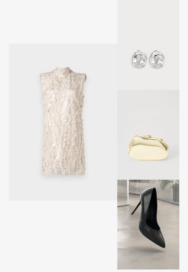 Vestido sin mangas de cuello alto en beige claro con un patrón de lentejuelas en toda la prenda, que presenta un corte ligeramente holgado y una superficie texturizada.; Zapato de tacón alto de cuero negro con punta afilada, diseño elegante y sin herrajes visibles. Textura suave y estilo minimalista.; Clutch metálico dorado con una forma suave y redondeada, que presenta un cierre de botón en la parte superior y una pequeña correa de cadena para llevar.; Pendientes de studs en forma abstracta de plata con un acabado pulido, que presentan curvas suaves y contornos sutiles. Sin patrones o acentos visibles.