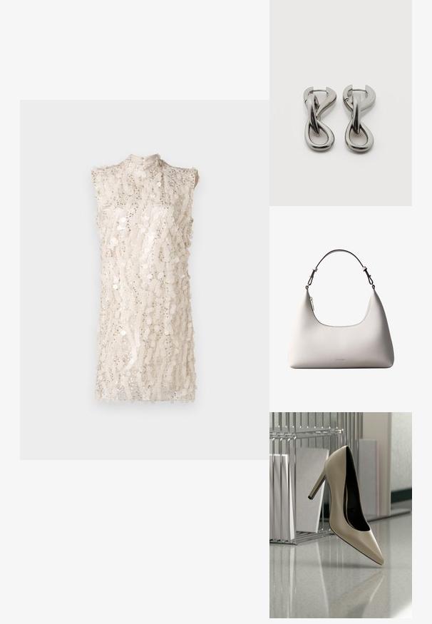 Vestido sin mangas de cuello alto en beige claro con un patrón de lentejuelas en toda la prenda, que presenta un corte ligeramente holgado y una superficie texturizada.; Zapato de tacón alto beige equilibrado sobre su tacón en una superficie brillante junto a un organizador de archivos metálico con documentos.; Bolso de hombro de cuero color crema de Calvin Klein con borde superior curvado, cremallera plateada y correa ajustable marrón oscuro.; Par de pendientes de metal con acabado plateado y diseño abstracto de bucles entrelazados sobre un fondo blanco.