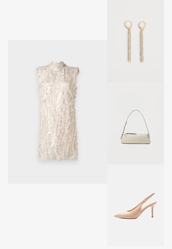 Vestido sin mangas de cuello alto en beige claro con un patrón de lentejuelas en toda la prenda, que presenta un corte ligeramente holgado y una superficie texturizada.; Zapato slingback de tacón alto de piel patentada beige con punta puntiaguda y pequeño detalle de hebilla dorada en la correa.; Pequeño bolso de hombro de cuero beige con una correa fina y cierre de cremallera, con un logo metálico discreto en el centro del frente.; Pendientes en tono dorado con largas y delgadas barras adornadas con pequeños rhinestones transparentes. Cierre de palanca en la parte superior para un uso seguro.