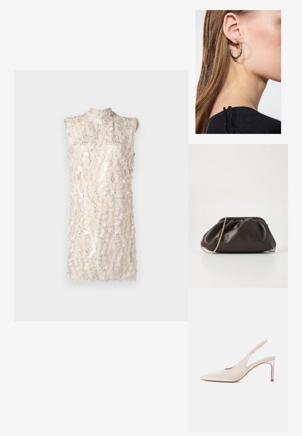 Ærmeløs, højhalset kjole i lys beige med et gennemgående pailetmønster, der har en let løs pasform og en struktureret overflade.; Beige satin slingback sko med høje hæle, spids tå, udskåret halslinje og dekorative perleaccents langs kanten.; Brun læderhandtaske med en sammensnøring, guld kædestrop og blød, struktureret overflade. Kompakt form velegnet til aftensbrug.; Sølv hoop ørestik med en poleret overflade, prydet med små guld accenter og en rund form, båret på øreflippen.