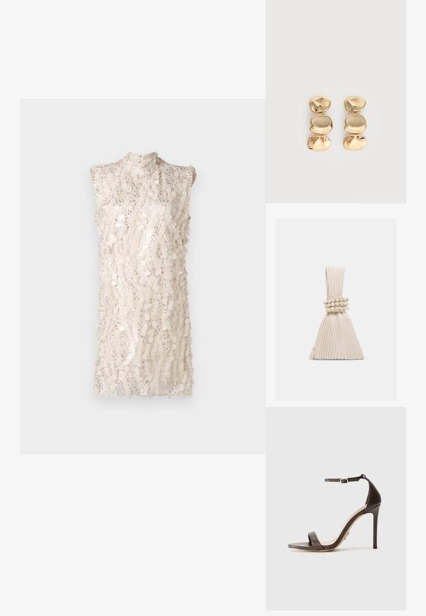 Vestido sin mangas de cuello alto en beige claro con un patrón de lentejuelas en toda la prenda, que presenta un corte ligeramente holgado y una superficie texturizada.; Sandalia de tacón alto marrón con una fina correa en el tobillo y una banda plana en la parte delantera. Textura de cuero suave con diseño de punta afilada y tacón de aguja.; Pequeño bolso beige plisado con un asa anudada y tres pulseras de cuentas redondas envueltas alrededor del centro.; Pendientes colgantes en tono dorado con tres segmentos irregulares, lisos y redondeados apilados verticalmente sobre un fondo claro y liso.
